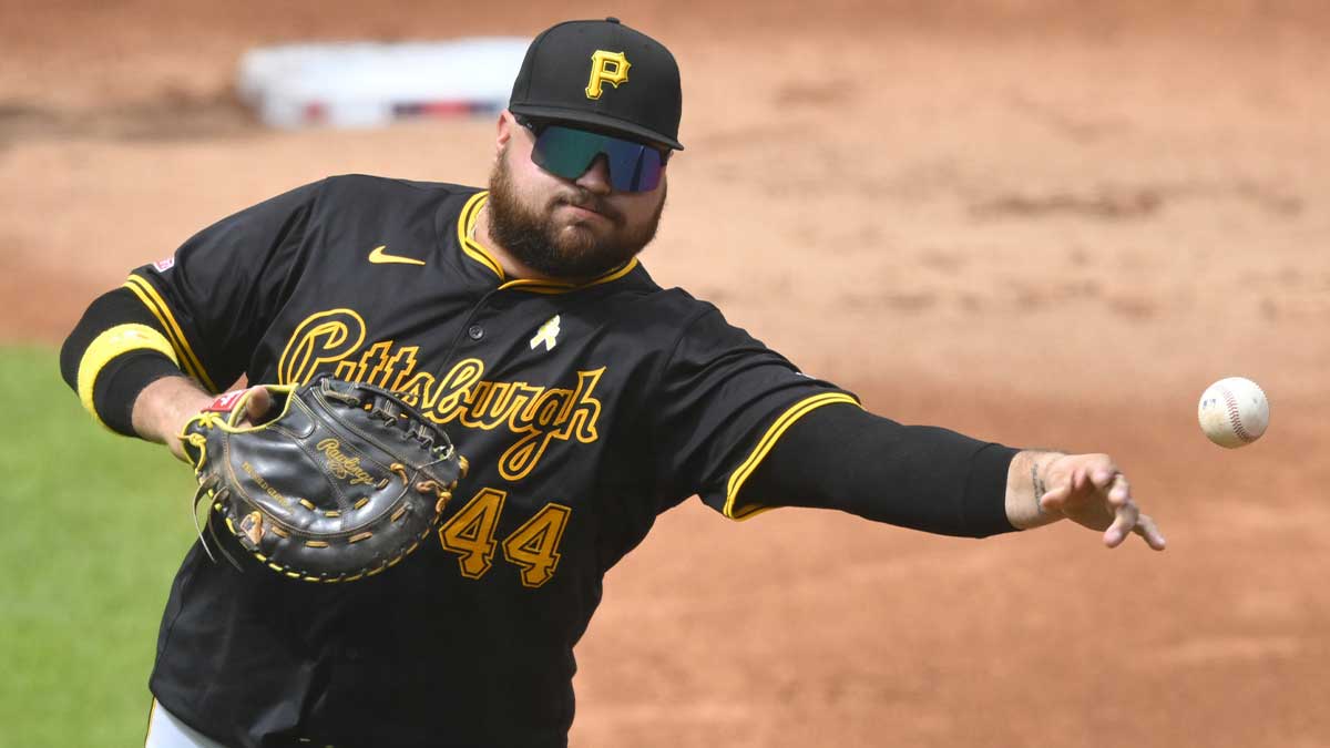 Pittsburgh Pirates first baseman Rowdy Tellez (44) throws to first base in the second inning against the Cleveland Guardians at Progressive Field.