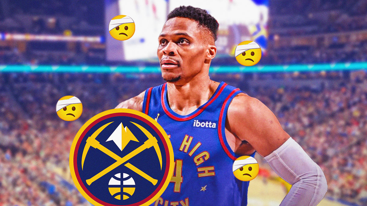 Russell Westbrook, Denver Nuggets logo, injury symbols surrounding Westbrook