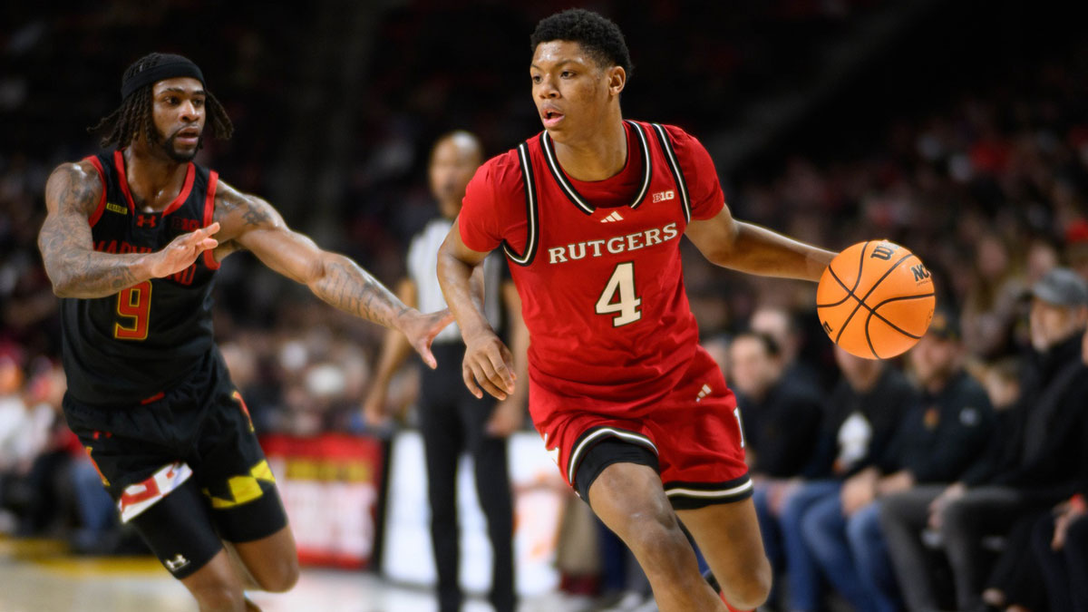 Rutgers Scarlet Knights guard Ace Bailey (4) drives to the basket against Maryland Terrapins guard Selton Miguel (9) during the first half at Xfinity Center.