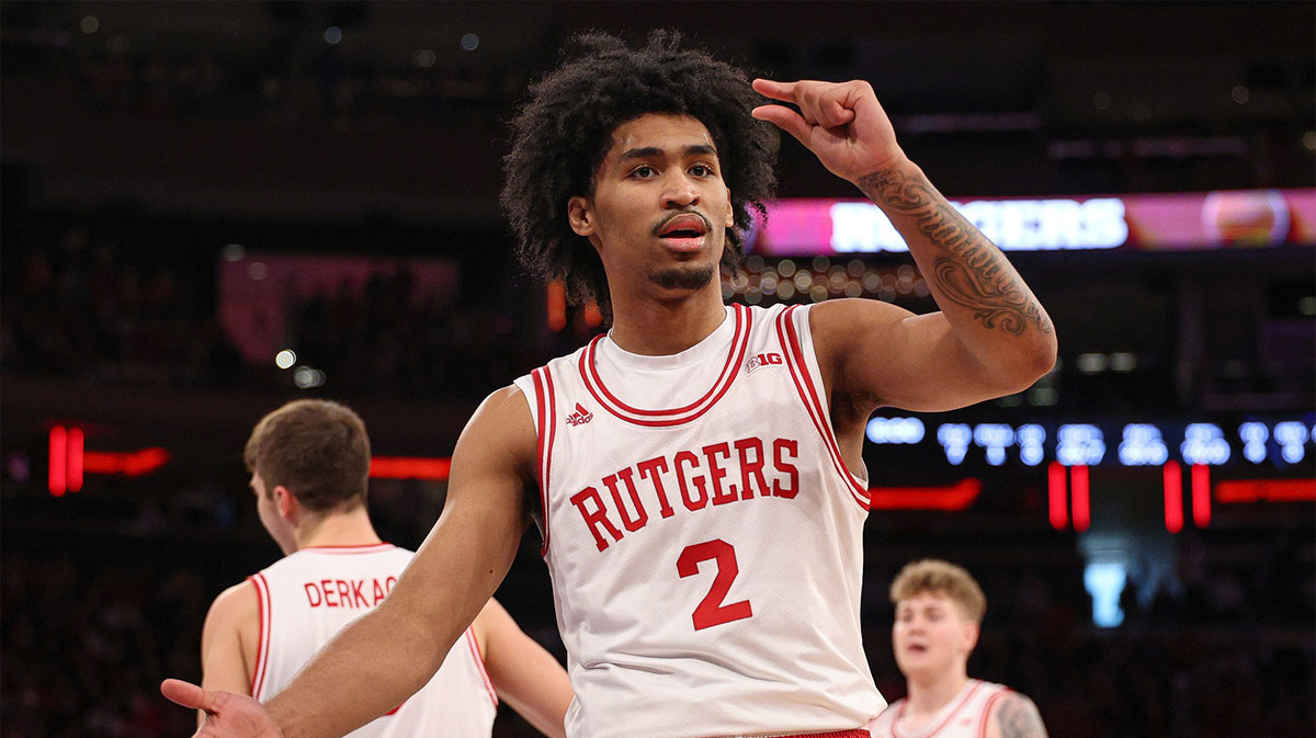 Rutgers Scarlet Knights guard Dylan Harper (2) reacts during the first half against the Michigan State Spartans at Madison Square Garden.