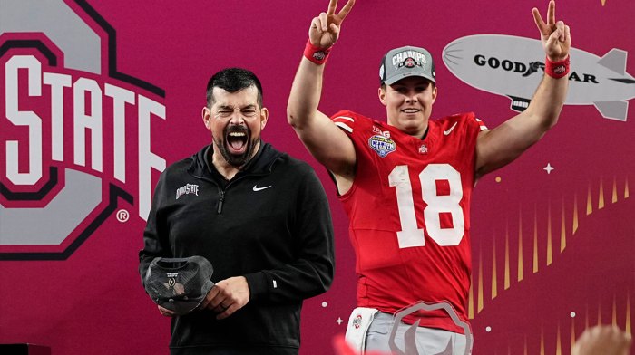 Ohio State Buckeyes head coach Ryan Day celebrates with quarterback Will Howard (18) following the 28-14 win over the Texas Longhorns in the Cotton Bowl Classic College Football Playoff semifinal game at AT&T Stadium