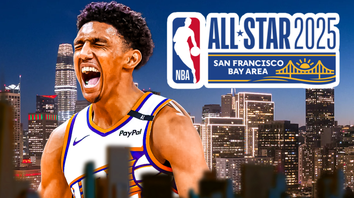 Suns rookie Ryan Dunn looking hyped, with the 2025 NBA All-Star game logo in the background, as well as downtown San Francisco.