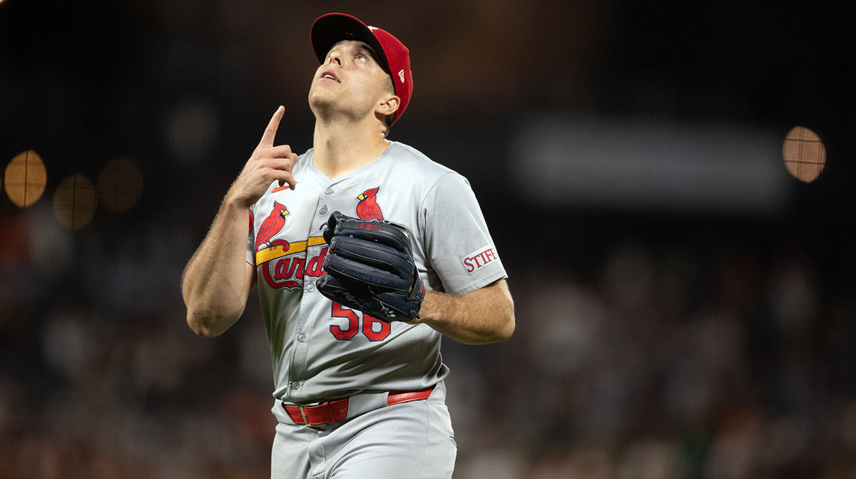 St. Louis Cardinals pitcher Ryan Helsley (56) reacts to getting the final out against the San Francisco Giants during the ninth inning at Oracle Park.