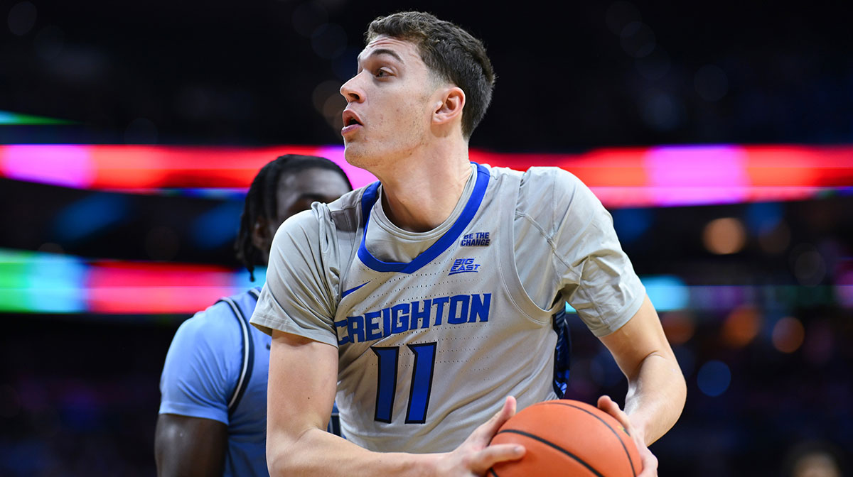 Creighton Bluejays center Ryan Kalkbrenner (11) drives with the ball against the Creighton Bluejays in the first half at Wells Fargo Center.