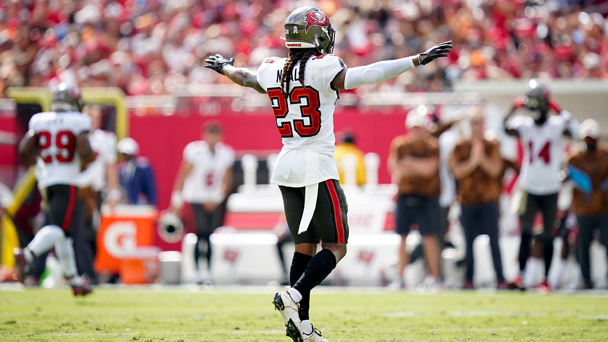 Tampa Bay Buccaneers safety Ryan Neal (23) reacts after Tennessee Titans place kicker Nick Folk missed a field goal during the second quarter at Raymond James Stadium in Tampa, Fla., Sunday, Nov. 12, 2023.