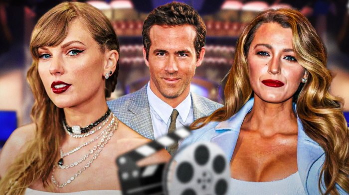 Ryan Reynolds in between Taylor Swift and Blake Lively with SNL Studio 8H background.