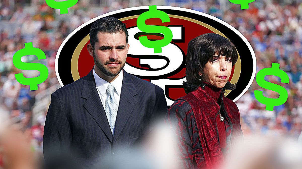 Denise DeBartolo York and Jed York in the center, with the 49ers logo in the background and dollar signs all around.