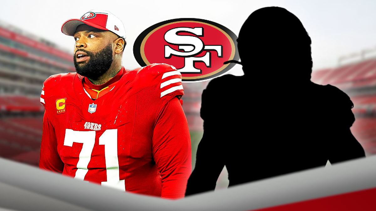 San Francisco 49ers' Trent Williams and a silhouette in the center, with the 49ers logo in the background.