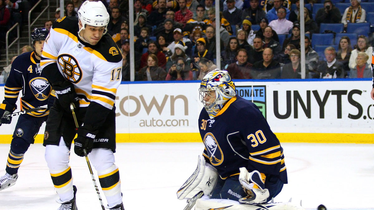 Buffalo Sabres goalie Ryan Miller (30) makes a first period save on Boston Bruins left wing Milan Lucic (17) at HSBC Arena.