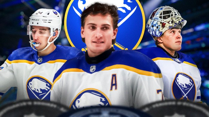 Tage Thompson, Ukko-Pekka Luukkonen and Dylan Cozens all in image, Buffalo Sabres logo, hockey rink in background