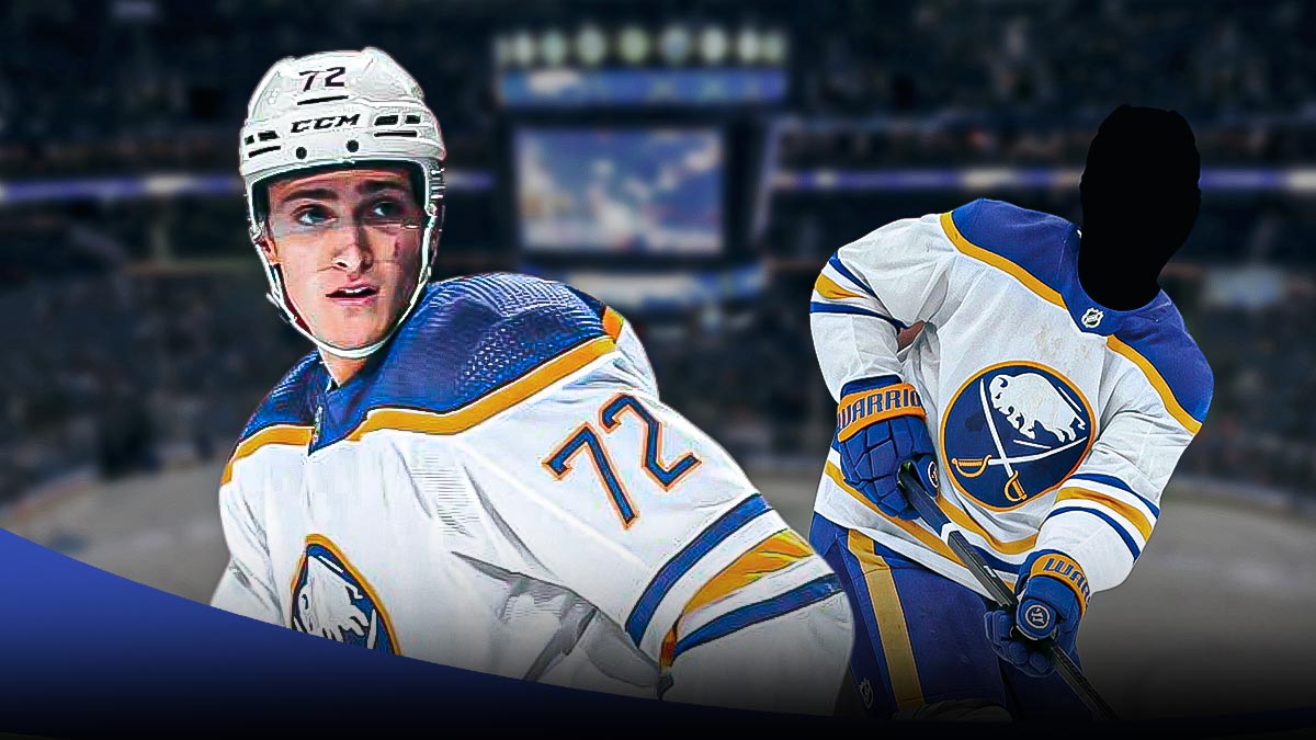 Tage Thompson on the left, Sabres players on the right