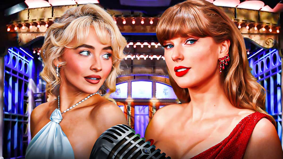 Sabrina Carpenter and Taylor Swift, who parodied You Belong With Me during SNL's 50th anniversary special with Studio 8H.