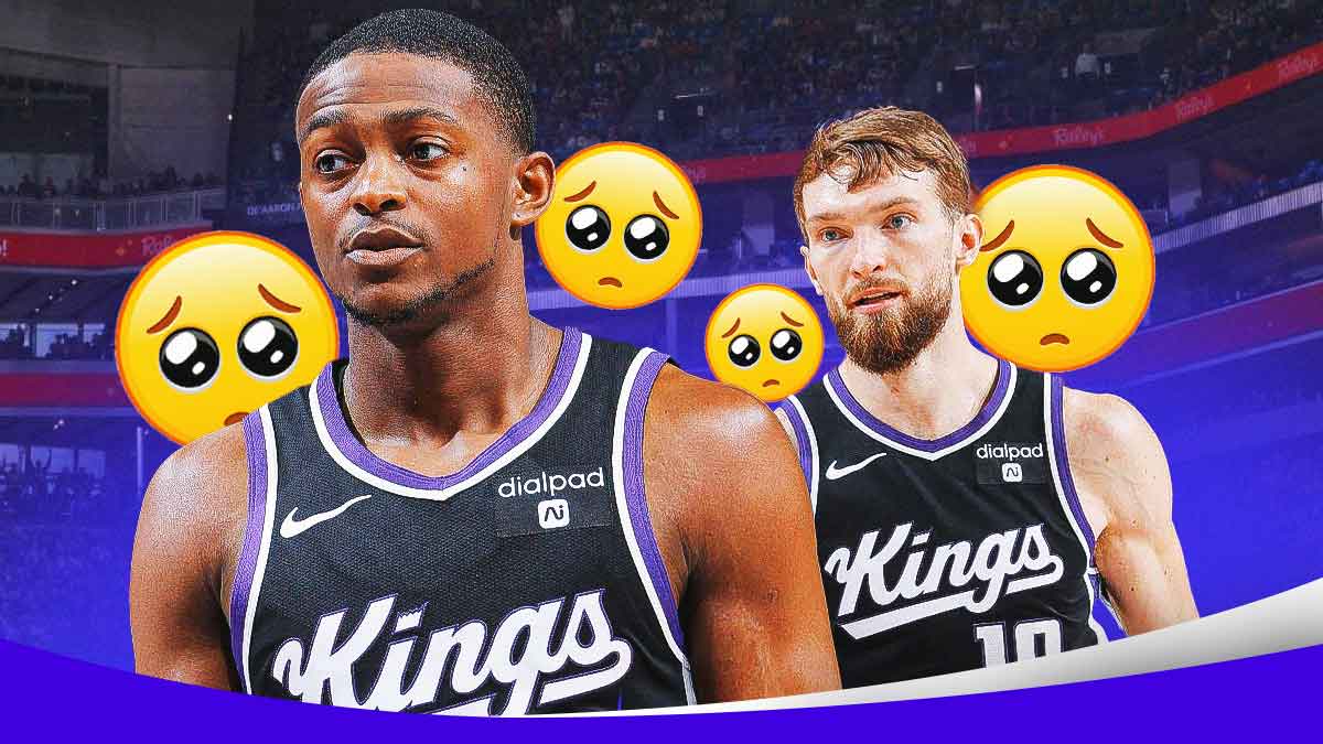 Image of De'Aron Fox (in a Kings jersey) looking upset and sad next to an image of Kings Domantas Sabonis (in a Kings jersey) looking confused and sad. Eyes emoji next to them