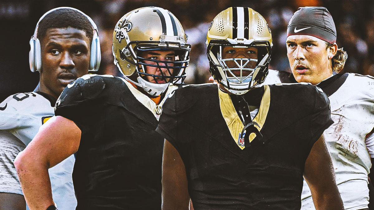 James Pearce, Wyatt Milum, Jaxson Dart, and Ajani Cornelius all in Saints jerseys with a 2025 NFL Draft background.