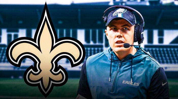 Kellen Moore with Saints logo beside him