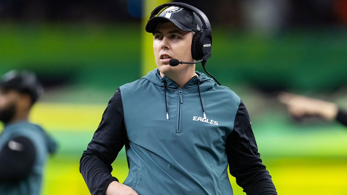 Philadelphia Eagles offensive coordinator Kellen Moore against the Kansas City Chiefs during Super Bowl LIX at Ceasars Superdome.