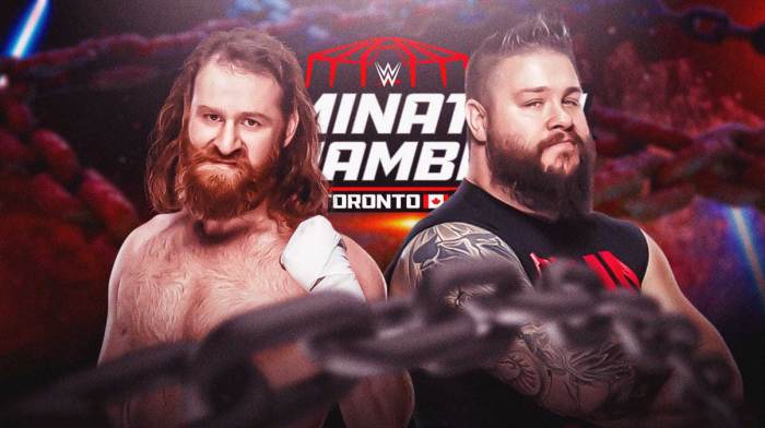 Sami Zayn next to Kevin Owens in front of the Elimination Chamber logo.