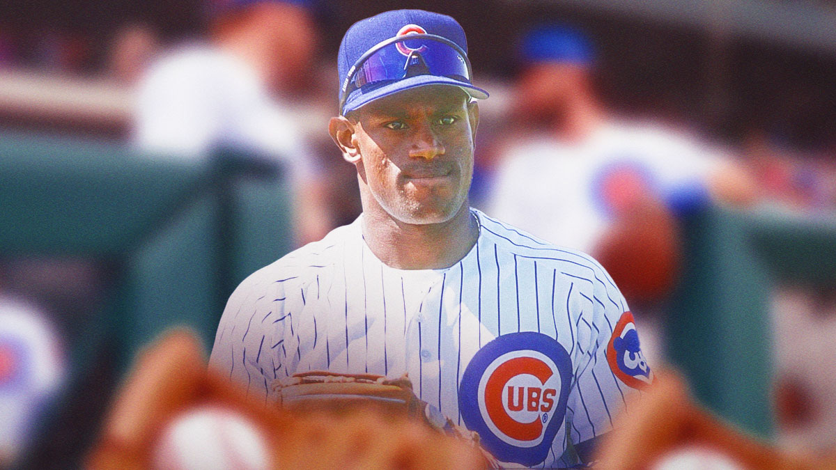 Sammy Sosa in Cubs uniform, in dugout at Sloan Park (Cubs spring training)