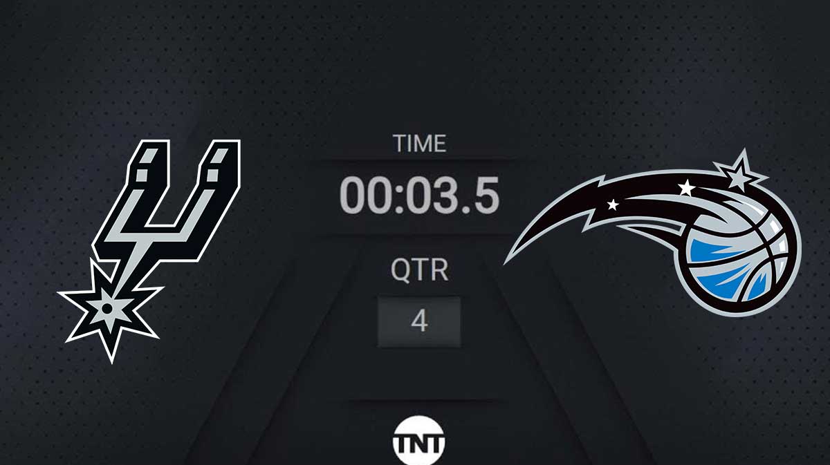 Spurs logo, Orlando Magic logo, image of a scoreboard about to hit :00
