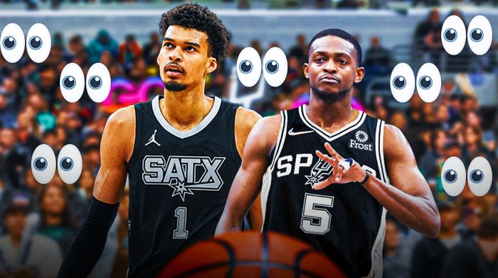 Victor Wembanyama and De'Aaron Fox (in a San Antonio Spurs jersey if he isn't already) on one side, a bunch of San Antonio Spurs fans on the other side with the big eyes emoji around them