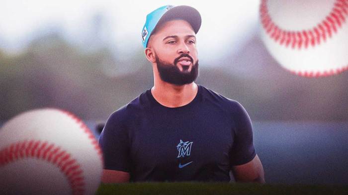 Miami Marlins star Sandy Alcantara in front of loanDepot Park.