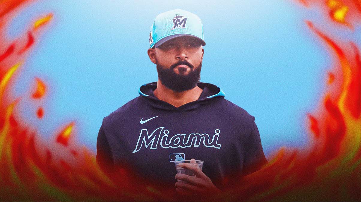 Marlins' Sandy Alcantara with flames around him