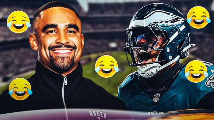 Saquon Barkley and Jalen Hurts laughing with cry laughing emojis all around them