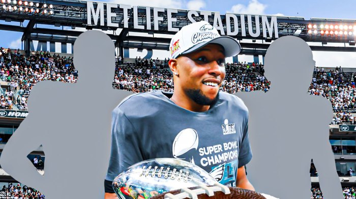 Philadelphia Eagles running back Saquon Barkley, who won Super Bowl 59 with the Eagles, with silhouettes of former New York Giants teammates Sterling Shepard and Odell Beckham Jr with Metlife Stadium background.