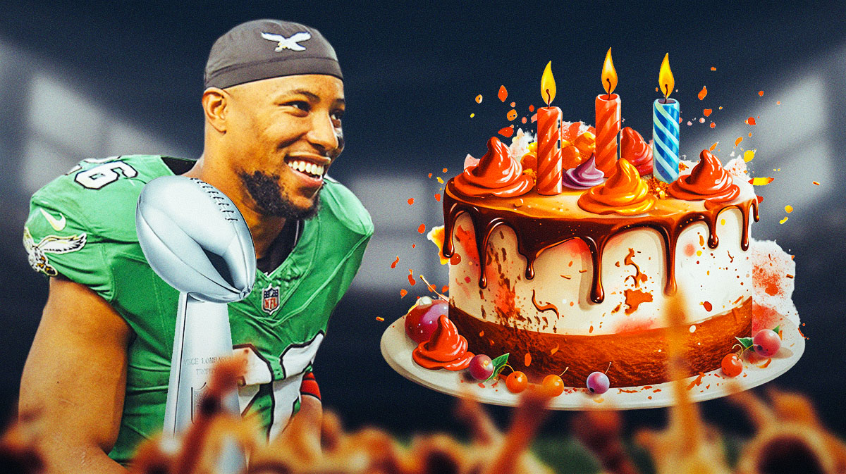 Philadelphia Eagles Super Bowl champion Saquon Barkley next to a birthday cake