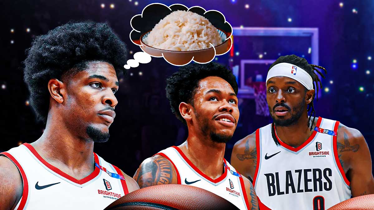 Scoot Henderson with a thought bubble of white rice, and Blazers teammates Anfernee Simons and Jerami Grant looking hyped beside him.