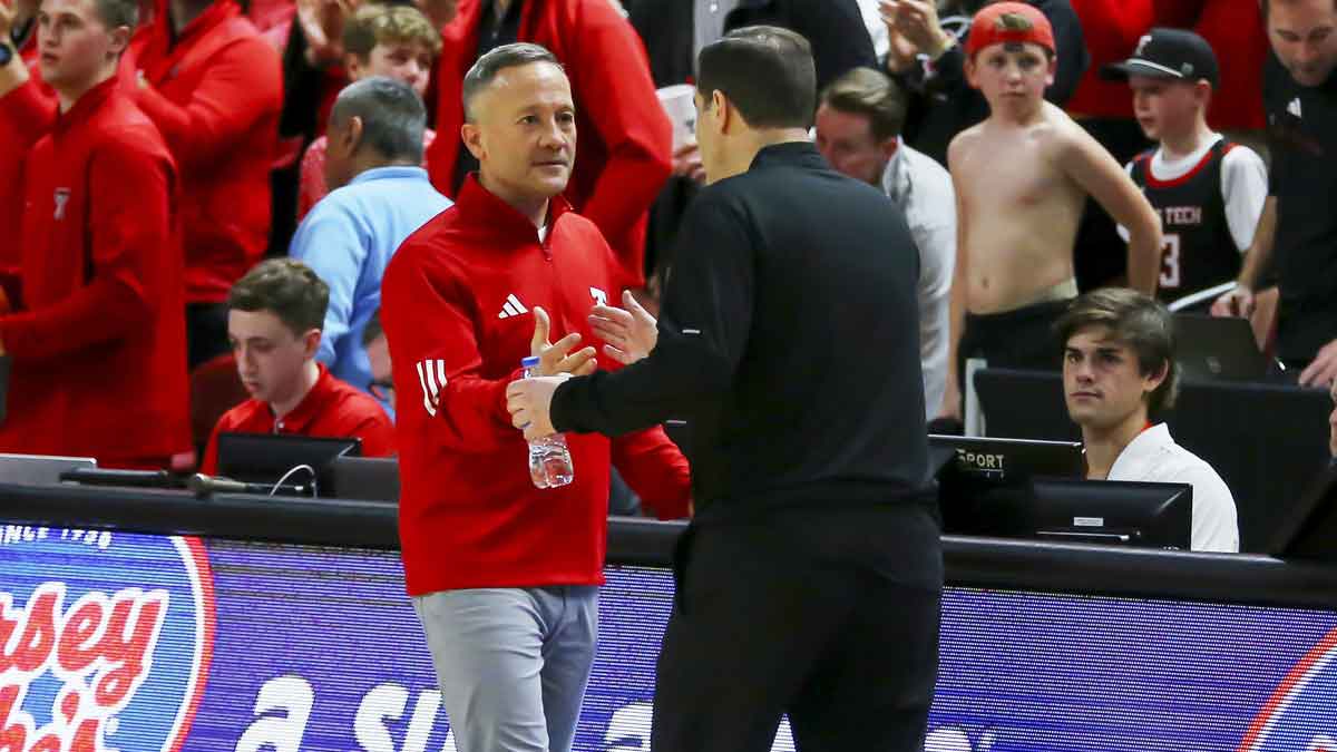 Feb 4, 2025; Lubbock, Texas, USA; Baylor Bears head coach Scott Drew and Texas Tech Red Raiders head coach Grant McCasland after the game at United Supermarkets Arena. Mandatory Credit: Michael C. Johnson-Imagn Images