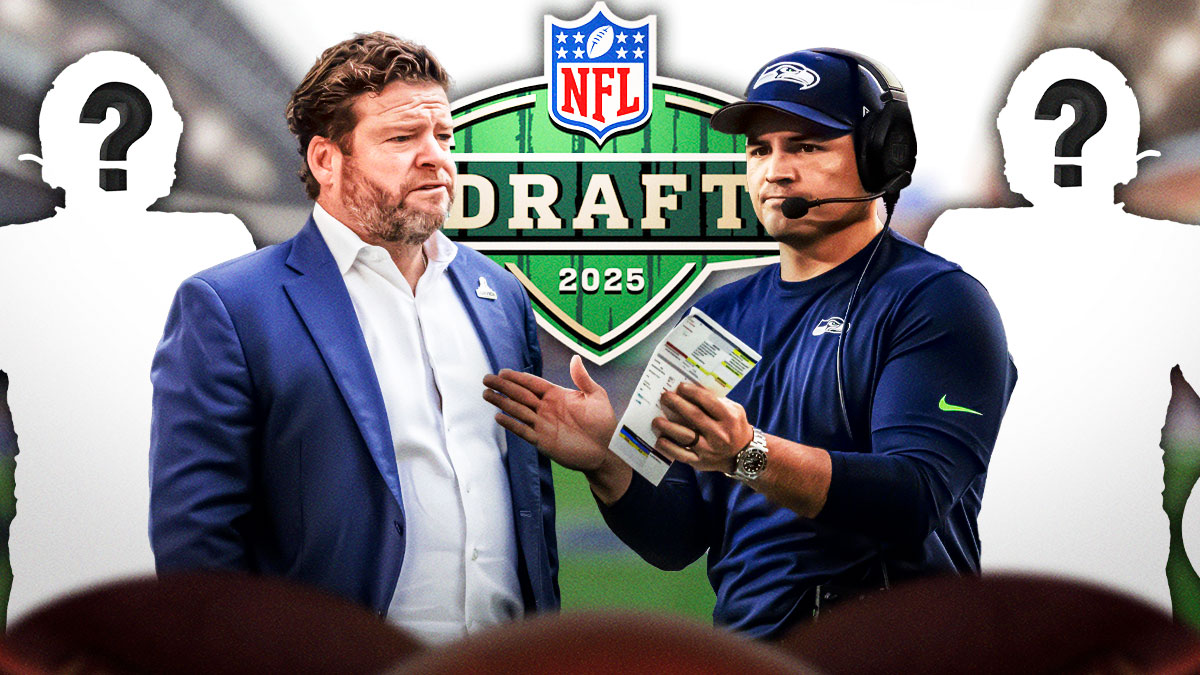 Mike Macdonald and John Schneider next to Seahawks logo and mystery players and NFL Draft logo.