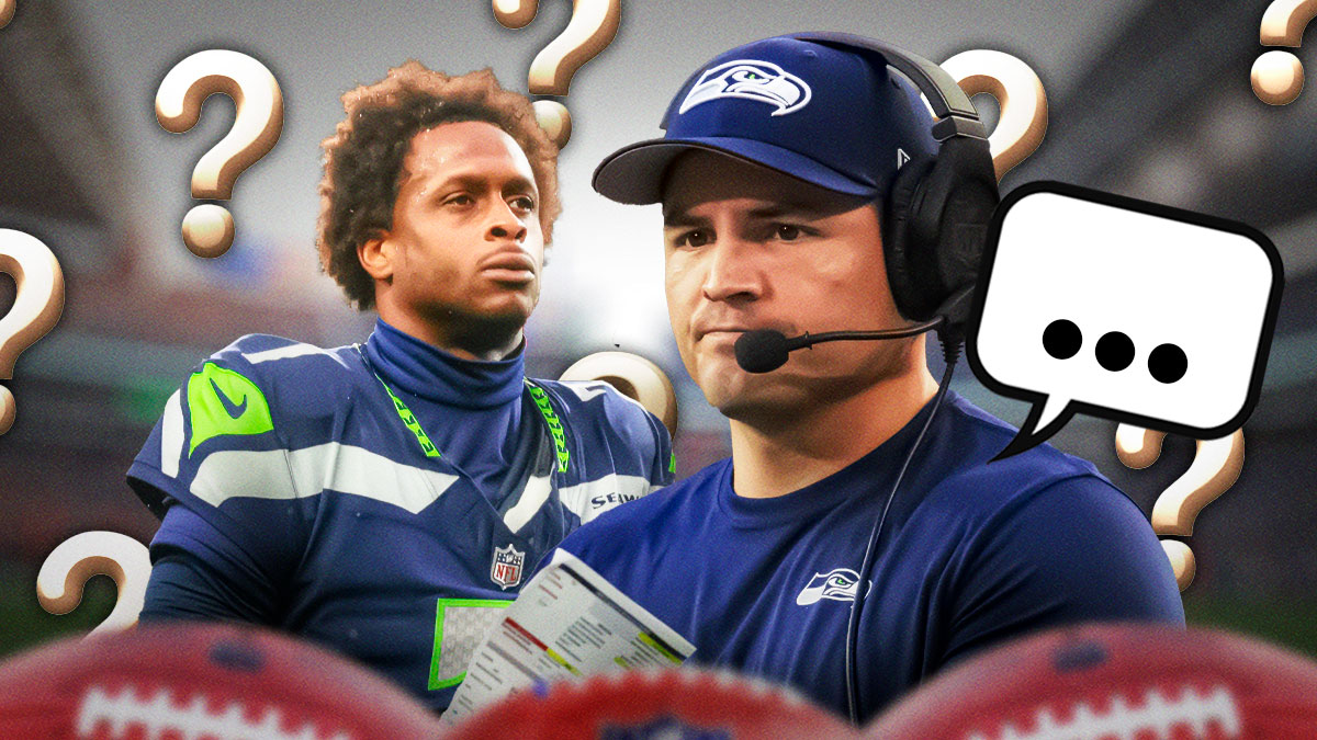 Seattle Seahawks head coach Mike Macdonald with a speech bubble that has the three dots emoji inside. He is next to Seahawks QB Geno Smith. They are surrounded by question mark emojis. There is also a logo for the Seattle Seahawks.