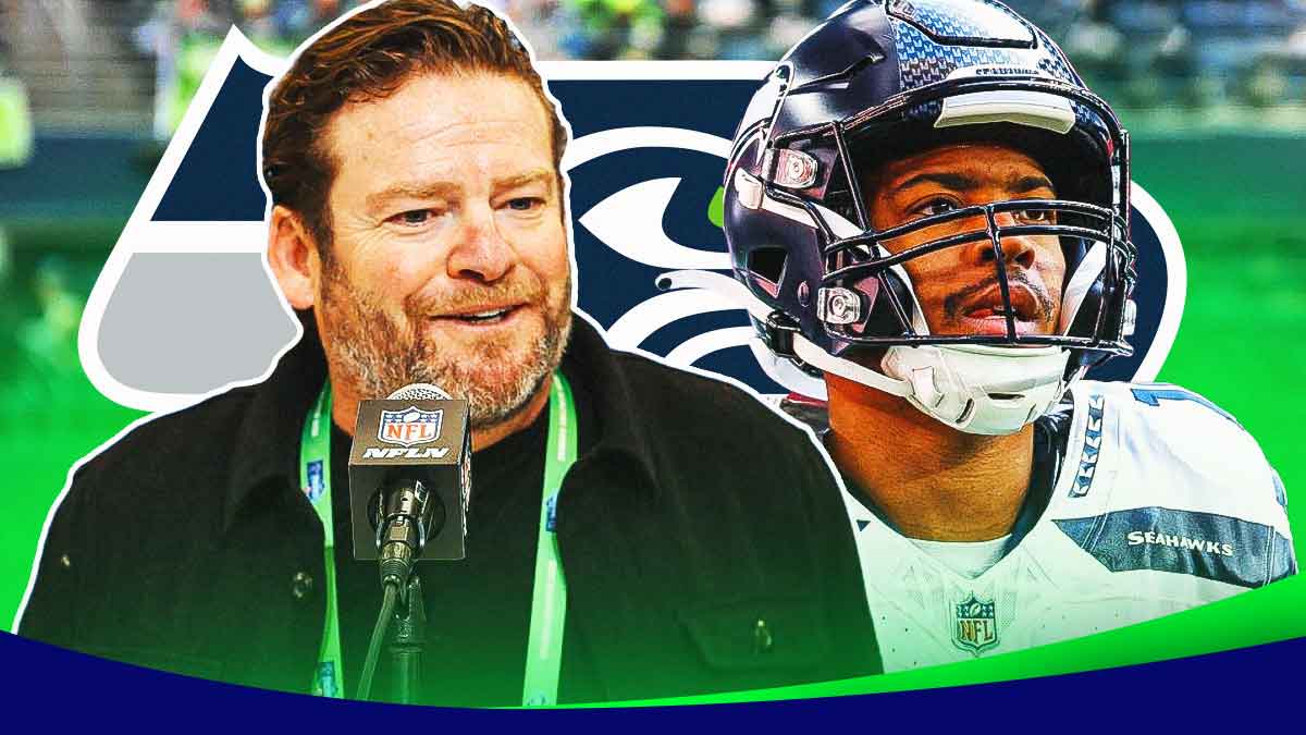 Seahawks GM John Schneider with Tyler Lockett in a Seattle Seahawks uniform with a Seahawks logo behind them and question marks surrounding as Lockett could be cut by the seahawks as the team fixes the salary cap.