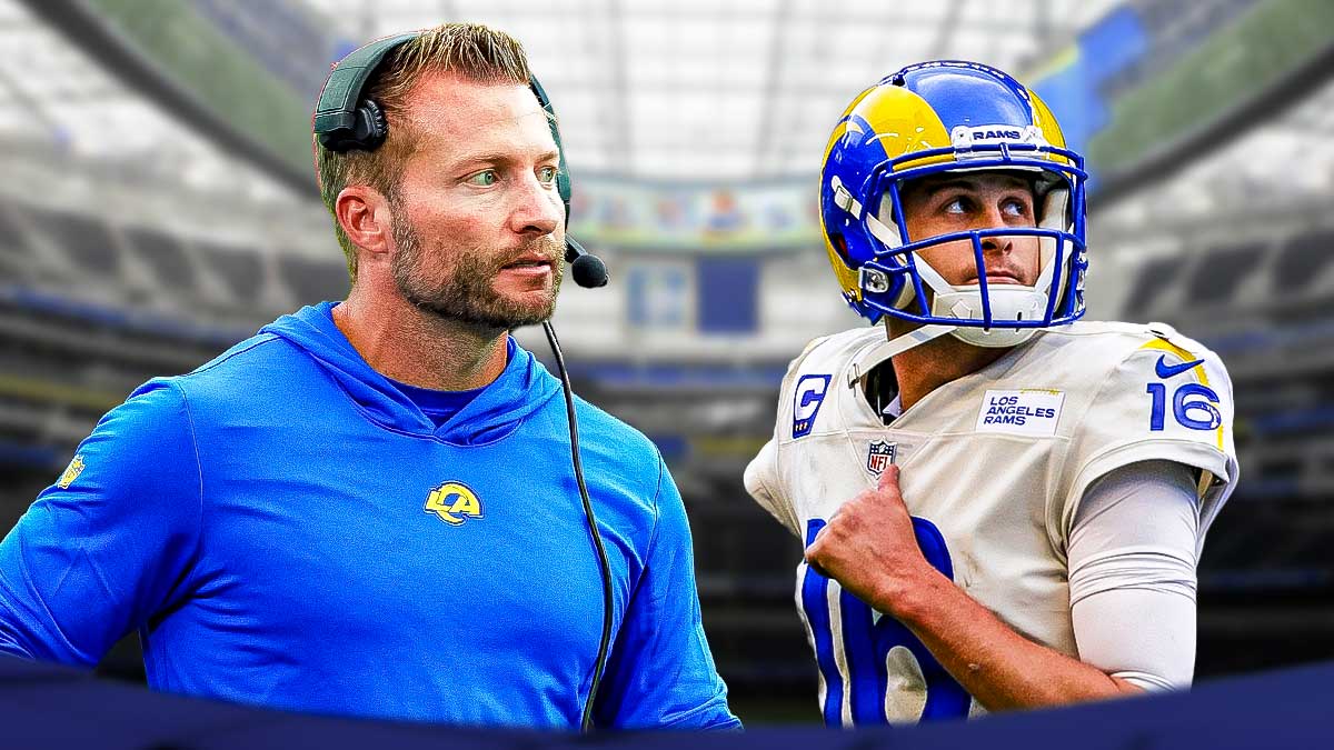 Sean McVay next to Jared Goff in a Rams uniform.