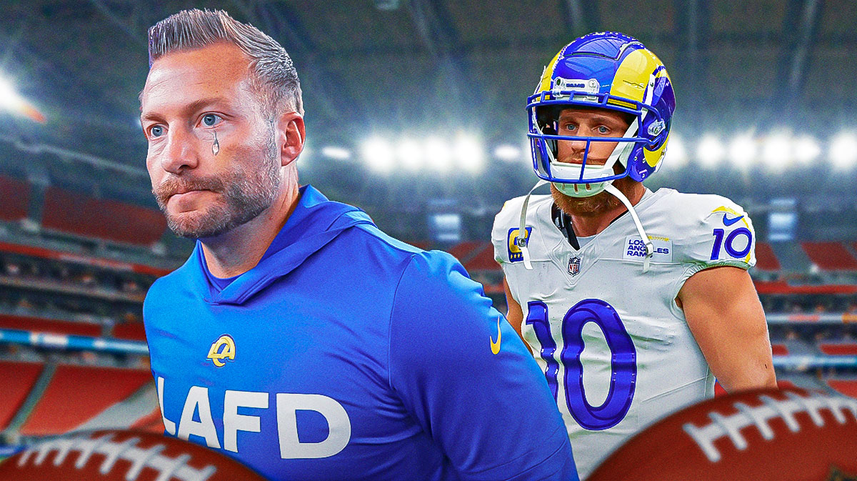 Rams head coach Sean McVay with a tear drop going down his face, with Cooper Kupp standing next to him.
