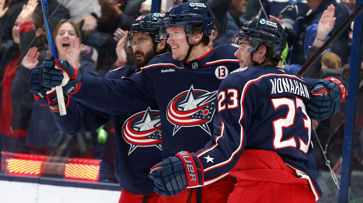 Columbus Blue Jackets left wing Dmitri Voronkov (middle) celebrates with center Sean Monahan (23) and right wing Kirill Marchenko (86) after scoring a goal against the St. Louis Blues during the first period at Nationwide Arena.