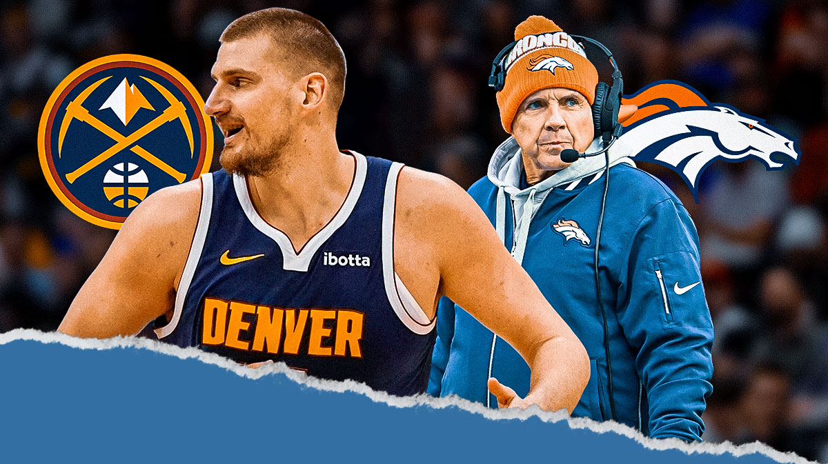 Sean Payton with the Denver Broncos logo behind him, Nikola Jokic with the Denver Nuggets logo behind him