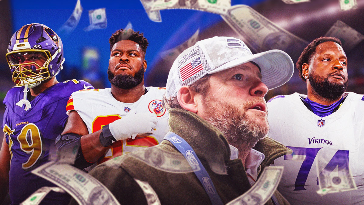Seattle GM John Schneider with Trey Smith in a Kansas City Chiefs uniform, Ronnie Stanley in a Baltimore Ravens uniform and Cam Robinson in a Minnesota Vikings uniform with $100 bills floating around for seahawks free agents as seahawks spending is curbed this offseason.