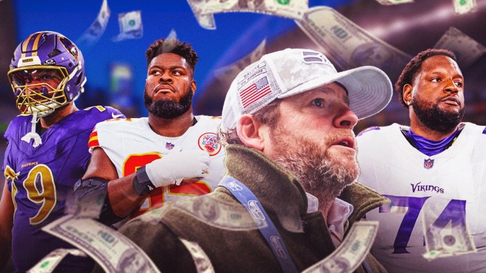 Seattle GM John Schneider with Trey Smith in a Kansas City Chiefs uniform, Ronnie Stanley in a Baltimore Ravens uniform and Cam Robinson in a Minnesota Vikings uniform with $100 bills floating around for seahawks free agents as seahawks spending is curbed this offseason.