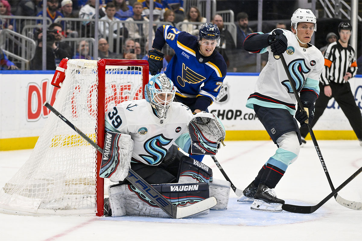 Seattle Kraken goaltender Nikke Kokko (39) defends the net against the St. Louis Blues during the second period at Enterprise Center.