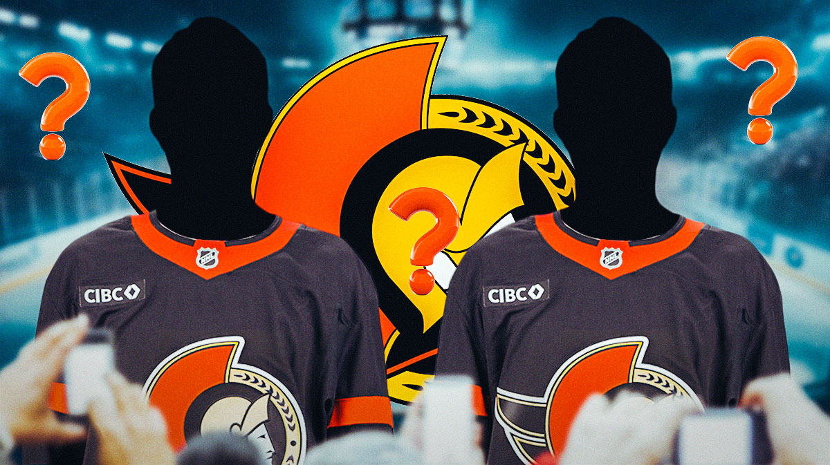 2 silhouetted Ottawa Senators players (no C or A on jersey), 3-5 question marks, Ottawa Senators logo, hockey rink in background