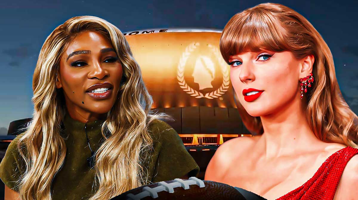 Serena Williams and Taylor Swift, who was booed at Super Bowl 59, with Caesars Superdome background.