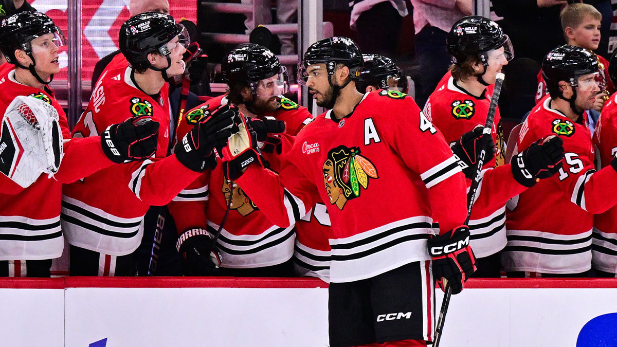 Chicago Blackhawks defenseman Seth Jones (4) celebrates his goal against the Nashville Predators during the second period at the United Center.
