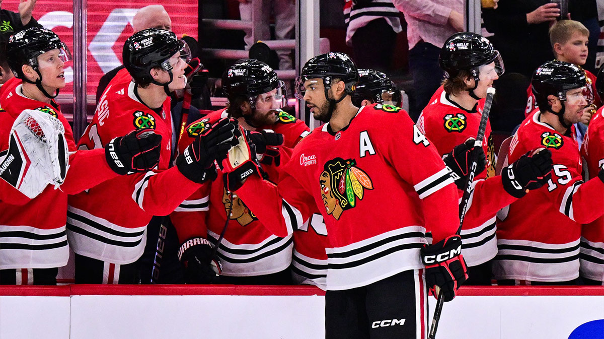 Chicago Blackhawks defenseman Seth Jones (4) celebrates his goal against the Nashville Predators during the second period at the United Center.