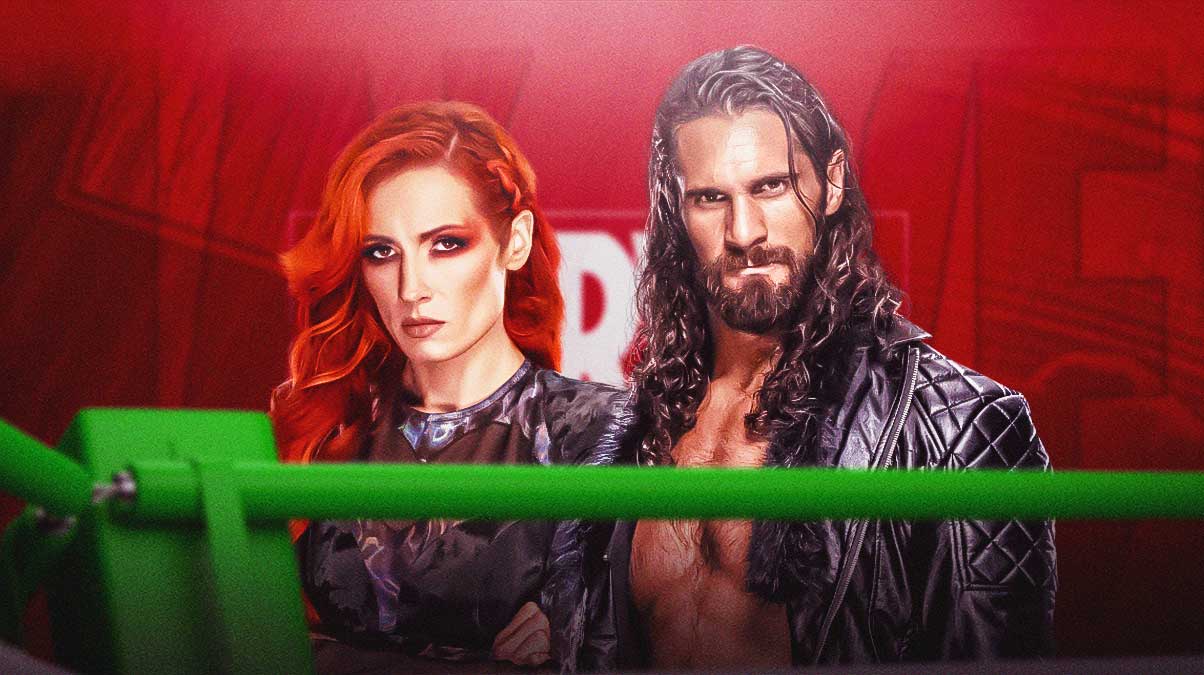 Seth Rollins and Becky Lynch in front of the Marvel logo.