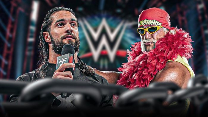 Seth Rollins next to Hulk Hogan in a WWE ring.