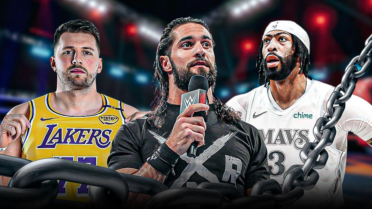 Seth Rollins in the middle with Luka Doncic on his left and Antony Davis on his right in a WWE ring.