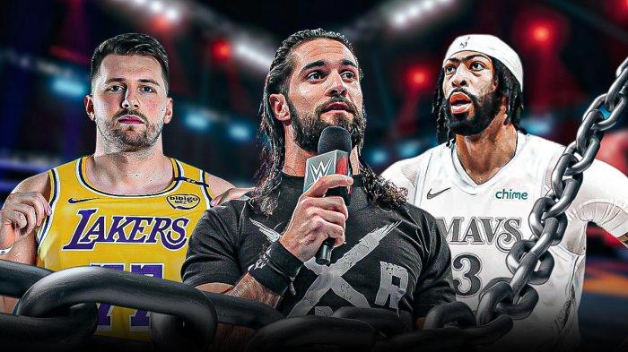 Seth Rollins in the middle with Luka Doncic on his left and Antony Davis on his right in a WWE ring.