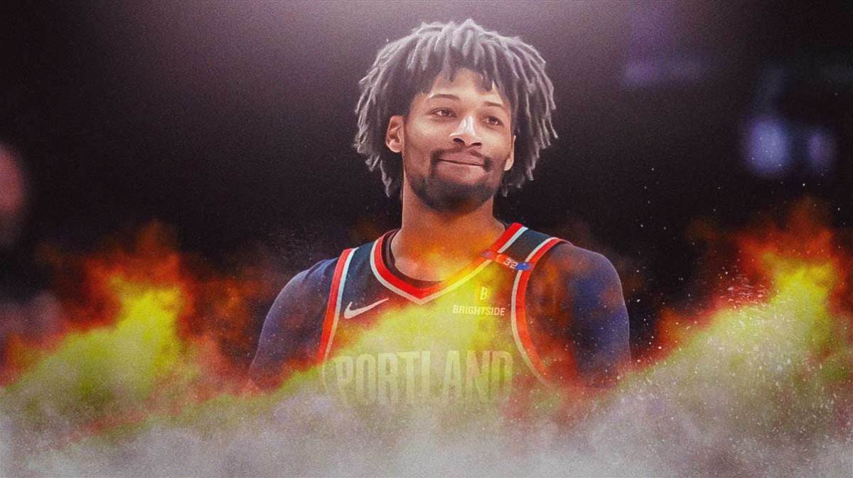 Trail Blazers' Shaedon Sharpe with flames around him